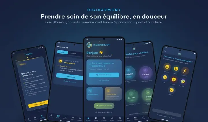 Application DigiHarmony — App de bien-être émotionnel pour adolescents, 100 % hors-ligne et anonyme (programme Erasmus+).